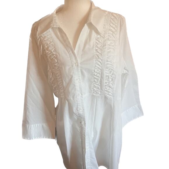 Signature by Larry Levine White Pintuck Ruffle Front Button-Down Blouse,  Sz XL - Picture 1 of 3